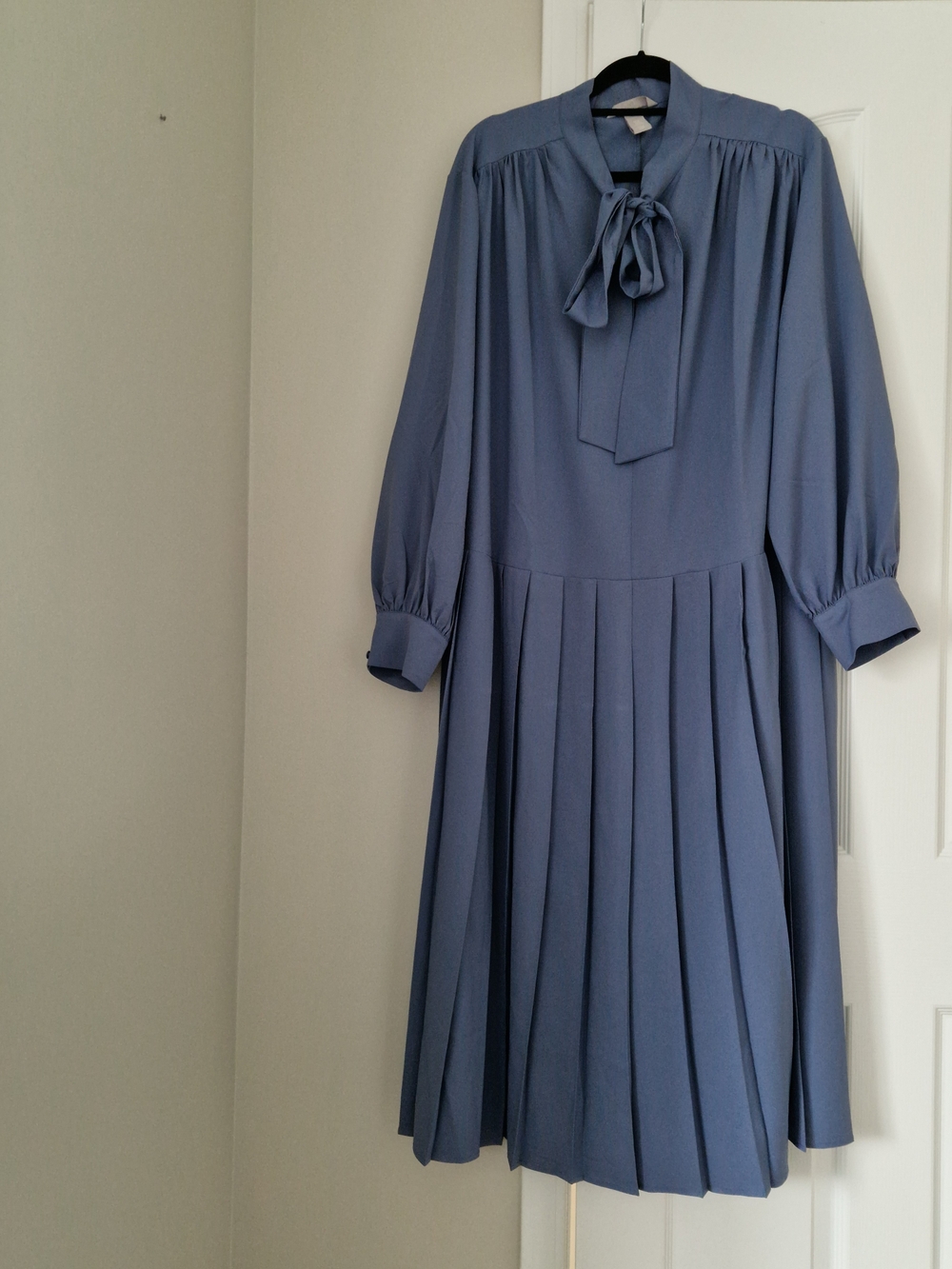 H&M Slate Blue Midi Dress with Bow-Neck and Pleated Skirt